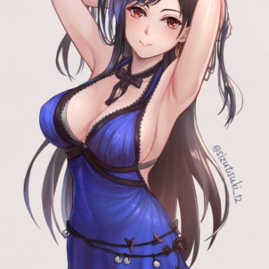 alternate costume, alternate outfit, arms up, backless outfit, black hair, breasts, cleavage, clothed, dress, earrings, female, female only, final fantasy, final fantasy vii, human