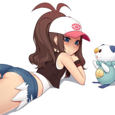 1girls, ambiguous gender, ass, back, blue eyes, brown hair, clothed, female, feral, furry, hay, hilda (pokemon), human, kuroonehalf, larger female