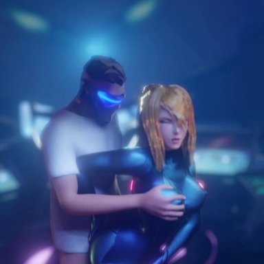 1boy, 1girl, 1girls, 3d, animated, ass, blonde hair, breast grab, breasts, clothed, cum, dripping cum, grabbing from behind, green eyes, high heels