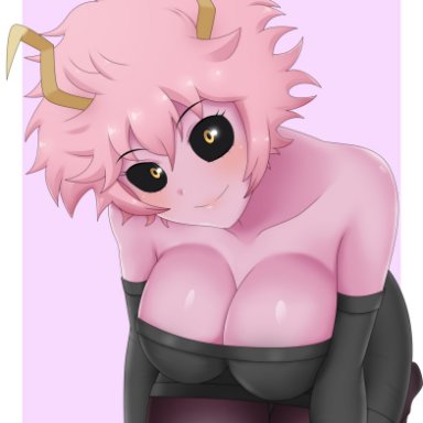 1girls, bare shoulders, bent over, big breasts, black sclera, blush, breasts, cleavage, clothing, female, female only, horns, kneeling, looking at viewer, mina ashido