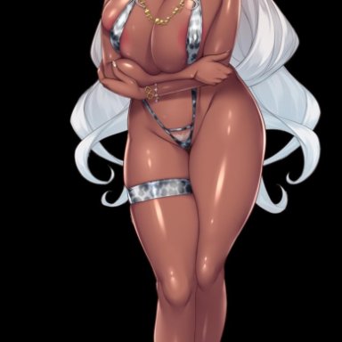 1girl, 1girls, areola slip, areolae, areolae slip, bikini, breast hold, breasts, cleavage, cow print, dark elf, dark skin, dark-skinned female, elf, feet