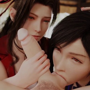 2girls, aerith gainsborough, animated, ball sucking, bewyx, black hair, blowjob, brown hair, earrings, fellatio, final fantasy vii, green eyes, long hair, oral, red eyes