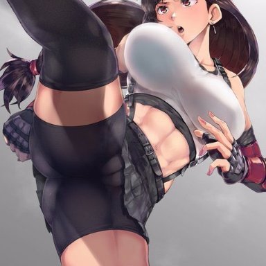 abs, armor, ass shot, athletic, big breasts, bouncing breasts, brown hair, clothed, compression shorts, dark brown hair, female, female only, final fantasy, final fantasy vii, final fantasy vii remake