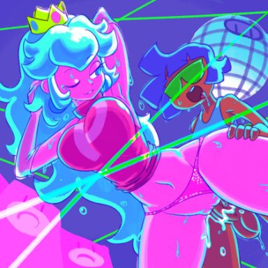 1boy, 1girls, armpits, balls, big breasts, bottomless, dark-skinned male, disco, from behind position, from below, half-closed eyes, minus8, minus8 (character), nintendo, one eye closed