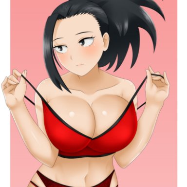 1girls, big breasts, black eyes, black hair, blush, breasts, cleavage, female, female only, lingerie, momo yaoyorozu, my hero academia, next one, sitting, tied hair