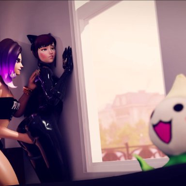 3d, animated, bedroom, blender, blizzard entertainment, brown skin, cat suit, catsuit, cosplay, cumming, d.va, dark skin, dark-skinned female, effectsmaster231, fingering