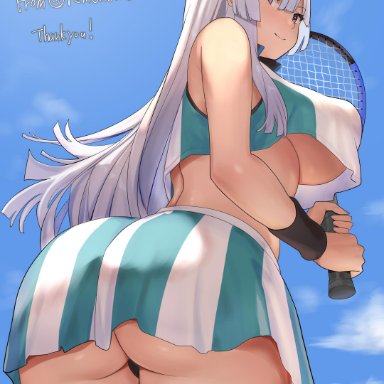 azur lane, black panties, bremerton (scorching-hot training) (azur lane), cosplay, female, frolaytia capistrano, huge ass, huge breasts, loose clothes, no bra, outside, purple eyes, silver hair, skirt, smile