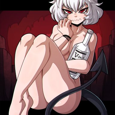 1girl, angry, bottle, breasts, female, helltaker, helltaker (character), horns, kinkymation, looking at viewer, malina (helltaker), naked, nude, red eyes, short hair