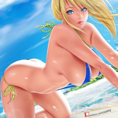 1girls, beach, big breasts, blonde hair, blue eyes, breasts, erect nipples under clothes, female, female only, metroid, nintendo, ponytail, samus aran, sideboob, sling bikini