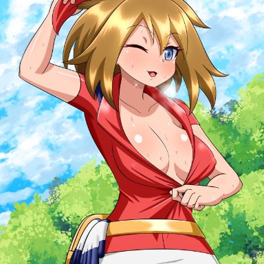 1girls, big breasts, blue eyes, brown hair, female, female only, human, may (pokemon), nintendo, pokemon, pokemon rse, short hair, solo, solo female, solo focus