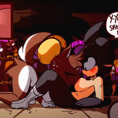 anthro, arena, breast milk, breast sucking, breasts, crowd, diives, socks, speech bubble, sucking breasts, tail, text bubble
