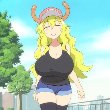 absolute territory, animated, big breasts, bouncing breasts, breasts, cleavage, closed eyes, denim, flou, green hair, horns, huge breasts, long hair, miss kobayashi's dragon maid, quetzalcoatl (dragon maid)