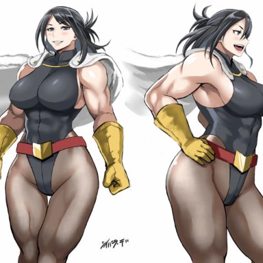 1girls, abs, big breasts, black hair, breasts, cleavage, female, female only, gloves, hero outfit(mha), large breasts, looking at viewer, milf, morocha, muscles