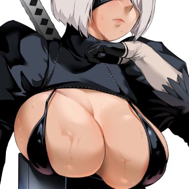 android, bakkanki, big breasts, blindfold, female, female only, nier, nier: automata, solo, solo female, solo focus, white hair, yorha 2b