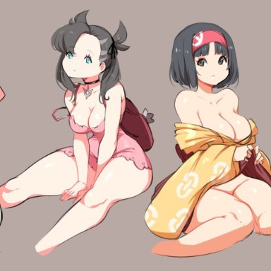 4girls, alternate breast size, alternate outfit, ass, back, big breasts, breasts, brown hair, erika (pokemon), female only, human, jasmine (pokemon), kenron toqueen, long hair, marnie (pokemon)