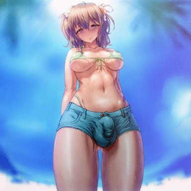 1futa, animated, aya (thon2hk), blush, breasts, brown hair, erect nipples, erection, flower, futa only, futanari, hair, hair flower, hair ornament, intersex