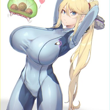 alien, armpits, arms behind head, big breasts, blonde hair, blue eyes, bodysuit, gun, heart, huge breasts, looking at viewer, magister (bigbakunyuu), metroid, mole under mouth, nintendo