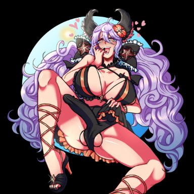 1futa, big balls, big breasts, big penis, bikini, black swimsuit, cute fang, dick, flower in hair, futanari, granblue fantasy, heart, heart-shaped pupils, high heels, huge breasts