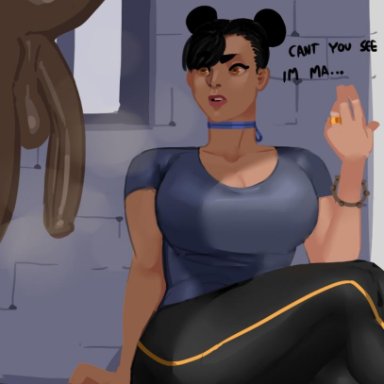 1boy, 1girls, bbc, big penis, chun-li, dark skin, dark-skinned male, english text, female, huge cock, interracial, large breasts, lava (artist), male, street fighter