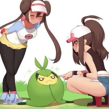 2girls, ambiguous gender, ass, bent over, big ass, big breasts, blue eyes, breasts, clothed, double bun, feral, green skin, hat, hilda (pokemon), human