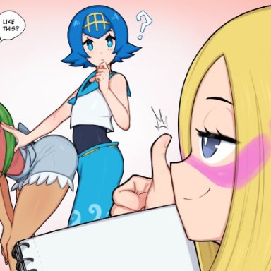 3girls, afrobull, human, lana (pokemon), mallow (pokemon), mina (pokemon), nintendo, outercourse, pokemon, pokemon sm, yuri