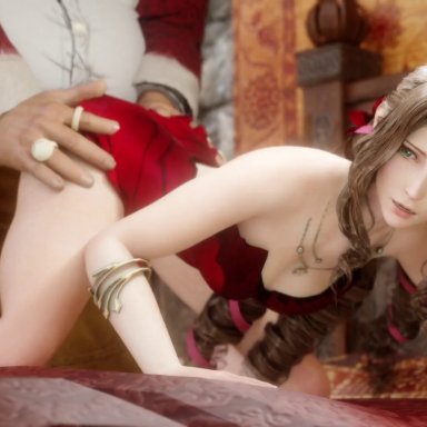 3d, aerith gainsborough, animated, blender (software), brown hair, don corneo, final fantasy, final fantasy vii, green eyes, hetero, jerid oiso, jewelry, long hair, red dress, ring
