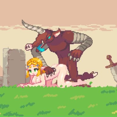 ambiguous penetration, animated, blonde hair, breasts, moblin, monster, nintendo, noscium, outdoors, pixel art, princess zelda, the legend of zelda, veiny penis, zelda (breath of the wild)