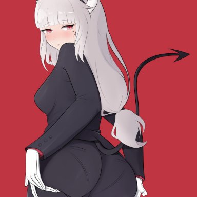 1girl, ass lift, black jacket, black pants, blazer, breasts, business suit, collared shirt, cowboy shot, crown, demon horns, demon tail, female, formal, fraankyy