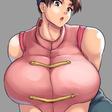 1girls, artist request, bare arms, bare shoulders, bbw, big breasts, breast press, brown eyes, brown hair, busty, clothing, female, forehead mark, fully clothed, hair bun