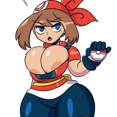 1girls, abs, big breasts, blue eyes, breasts outside, brown hair, female, holding object, huge breasts, human, iggy-bomb, large breasts, leggings, may (pokemon), medium hair