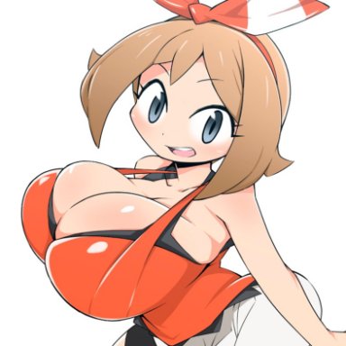 1girls, abarabone, alternate breast size, alternate costume, big breasts, blue eyes, brown hair, eye contact, female, huge breasts, human, large breasts, leggings, looking at viewer, may (pokemon)