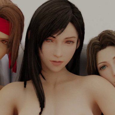 3girls, aerith gainsborough, animated, barefoot, brown hair, feet, final fantasy, final fantasy vii, fingering, green eyes, jessie rasberry, long hair, red eyes, tagme, threesome