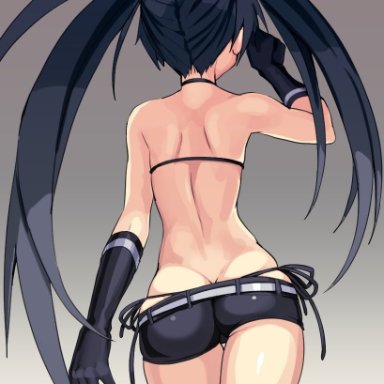 back view, black hair, black rock shooter, black rock shooter (character), bra, dat ass, gloves, short shorts, shorts, twintails