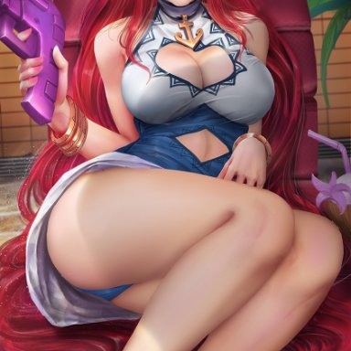 1girls, ass, barefoot, big breasts, blue panties, breasts, cleavage, feet, female, female only, large breasts, league of legends, looking at viewer, miss fortune, panties