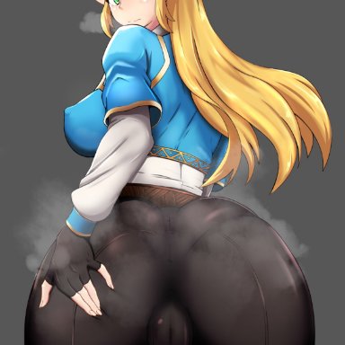 big ass, big breasts, blonde hair, breath of the wild, exposed pussy, female, female only, green eyes, long hair, nintendo, nipples, nipples visible through clothing, princess zelda, smile, solo