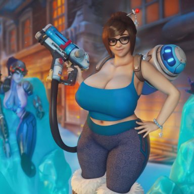 4girls, big breasts, breasts, cleavage, female, female only, huge breasts, large breasts, looking at viewer, mei (overwatch), mei ling zhou, overwatch, sci-fi, science fiction, scifi