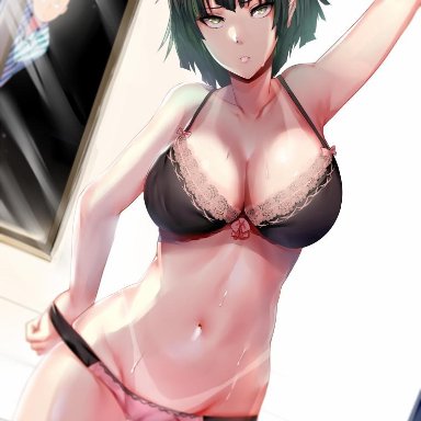 1boy, 1girls, bald, big breasts, bra, caught, clothed, clothing, female focus, fubuki, green eyes, green hair, hairless pussy, hews hack, looking at viewer