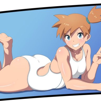 1girls, ass, big ass, blue eyes, eye contact, feet, female, hair ribbon, huge ass, huge thighs, human, kasumi (pokemon), looking at viewer, nintendo, orange hair