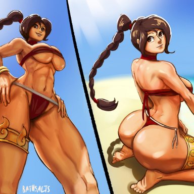 1girl, abs, accessory, aged up, artist signature, ass, athletic, avatar the last airbender, bare legs, bare shoulders, barefoot, bathsalts1, beach, big ass, big breasts