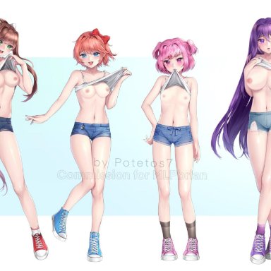 4girls, areola, areolae, artist name, bangs, bare shoulders, big breasts, black socks, blue eyes, blue nails, blue shoes, blue shorts, blue socks, blush, breast size difference