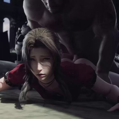 1boy, 1girl, 1girls, 3d, aerith gainsborough, animated, aqua hair, ass, bare legs, barret wallace, bracelet, brown hair, dark skin, dark-skinned male, female