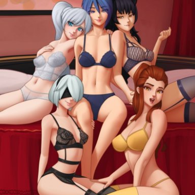 5girls, aqua (kingdom hearts), black lingerie, blake belladonna, blue lingerie, bra, breasts, brigitte, bustier, cleavage, deilan12, garter belt, garter straps, kingdom hearts, lingerie