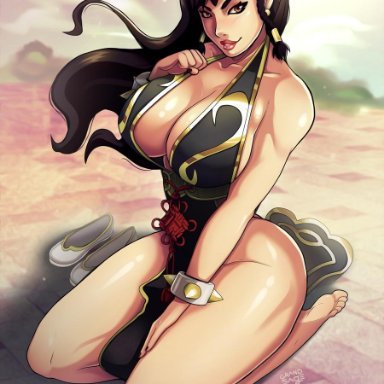 1girl, asian, asian female, big breasts, brown hair, capcom, cheongsam, chun-li, female, female only, grand-sage, long hair, mature female, solo, solo female