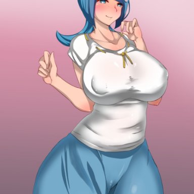 1girls, big breasts, blue eyes, blue hair, erect nipples under clothes, female, huge breasts, human, lana's mother (pokemon), large penis, mature female, milf, mother, nintendo, no sclera