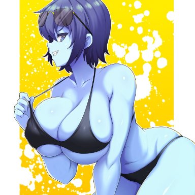 1girl, 1girls, artist name, artist signature, bare shoulders, big breasts, black bra, black clothing, black panties, black underwear, blue eyes, blue hair, blue skin, bra, bra pull