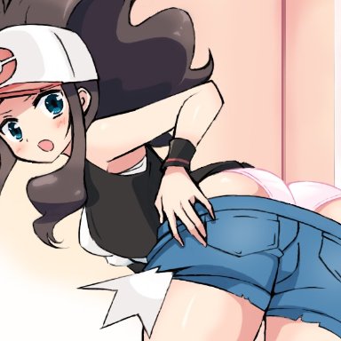 1girls, 2013, armpits, ass, bare shoulders, baseball cap, bent over, blue eyes, blush, breasts, brown hair, cap, chro, clothing, female