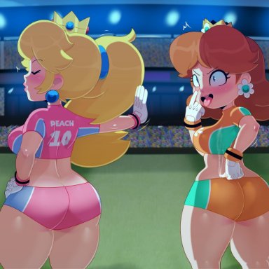 2girl, alternate costume, ass, big breasts, blonde hair, blue eyes, booty shorts, brown hair, bubble butt, dat ass, huge ass, human, lipstick, mario strikers, midriff