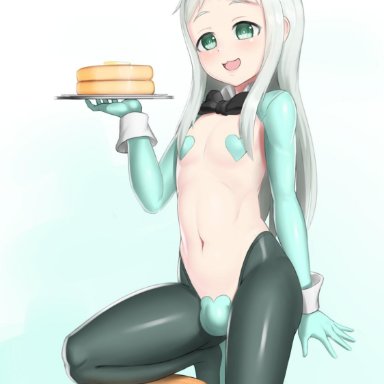 1boy, abs, alternate costume, androgynous, artist name, black thighhighs, blend s, blush, bulge, covered nipples, femboy, flat chest, girly, green eyes, grey hair