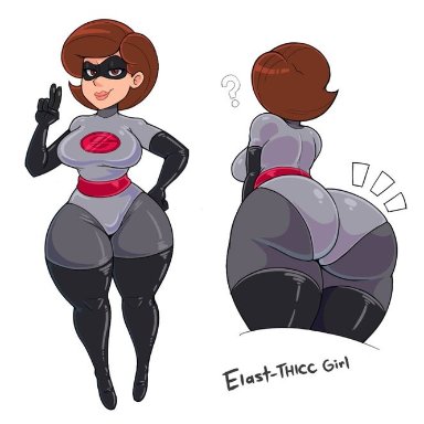 1girls, acstlu, big breasts, black gloves, bodysuit, breasts, brown eyes, brown hair, brunette, dialogue, disney, english text, female, gloves, helen parr