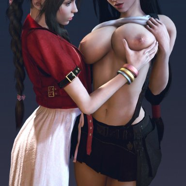 2girls, 3d, aerith gainsborough, areolae, batesz, big breasts, breast grab, breasts, female, female only, final fantasy, final fantasy vii, large breasts, nipples, source filmmaker